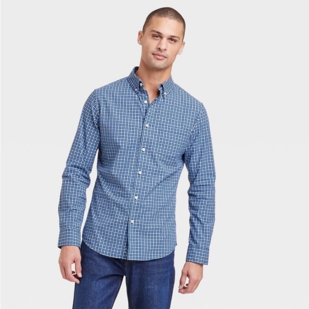 Long Sleeve Button-Down Shirt Goodfellow & Co Blue Tattersall Plaid